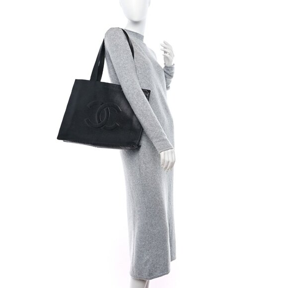 Authentic CHANEL Classic CC Caviar Logo Shoulder Tote Bag Black Leather Purse - Picture 2 of 13